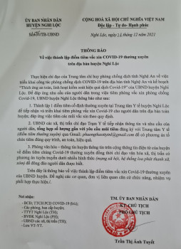 Thông báo về việc thành lập Điểm tiêm chủng vắc xin Covid-19 thường xuyên trên địa bàn huyện Nghi Lộc.